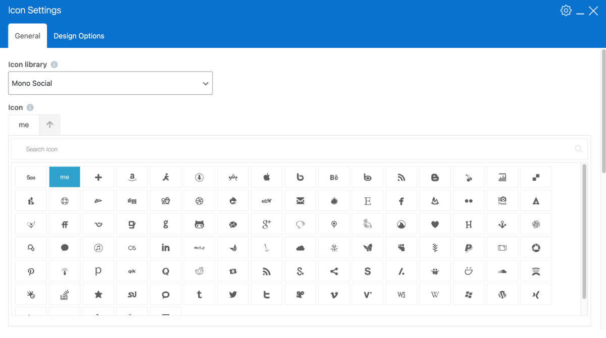 Mono Social icon library in the WPBakery Page Builder icon element