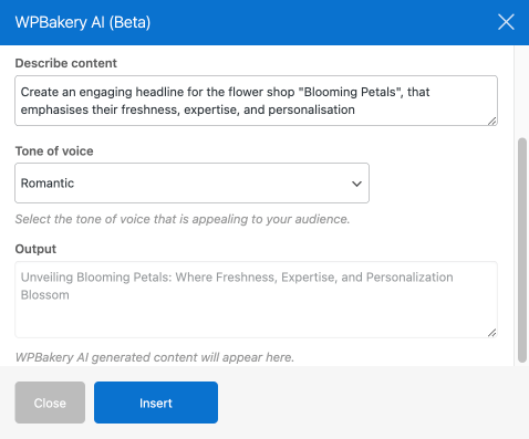 WPBakery AI Output Example with Romantic Tone of Voice