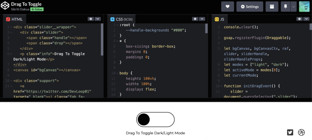 Code snippet example from CodePen