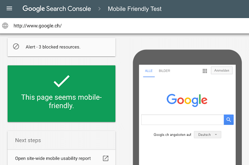 Google Search Console's Mobile Friendly Testing Tool