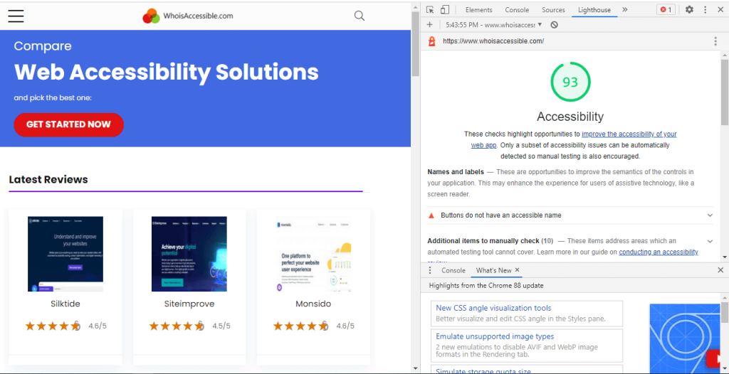 Lighthouse accessibility report in Chrome DevTools. 