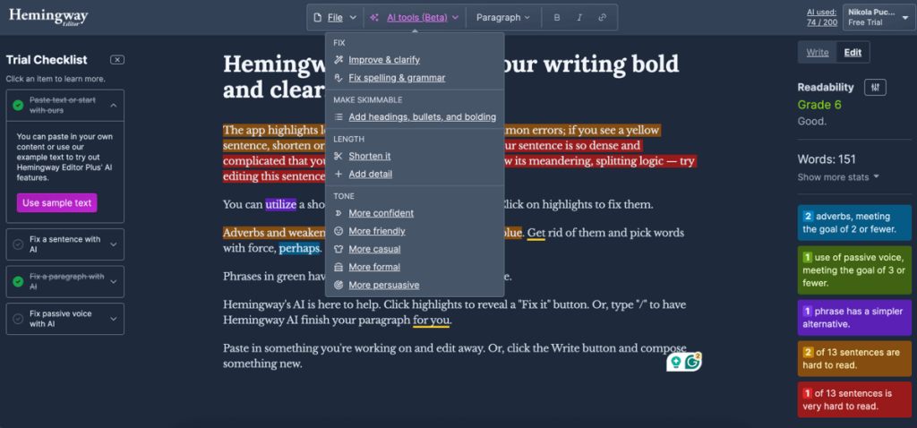 AI Paragraph Rewriter in the Hemingway Editor browser app