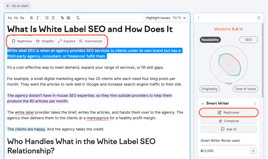 SEO Writing Assistant's Smart Writer feature in Semrush UI 