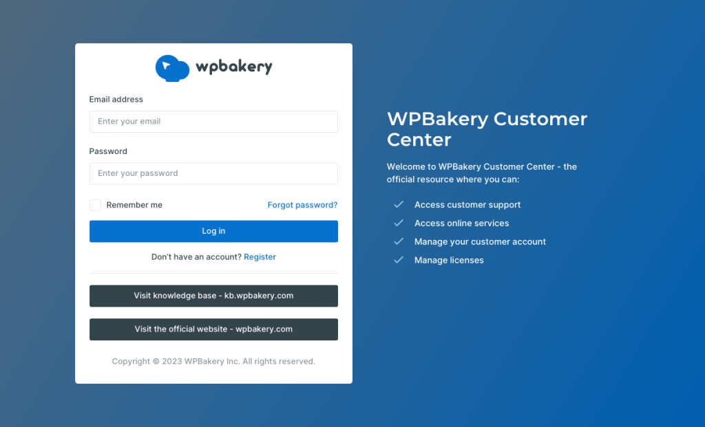 The WPBakery Customer Center portal login 