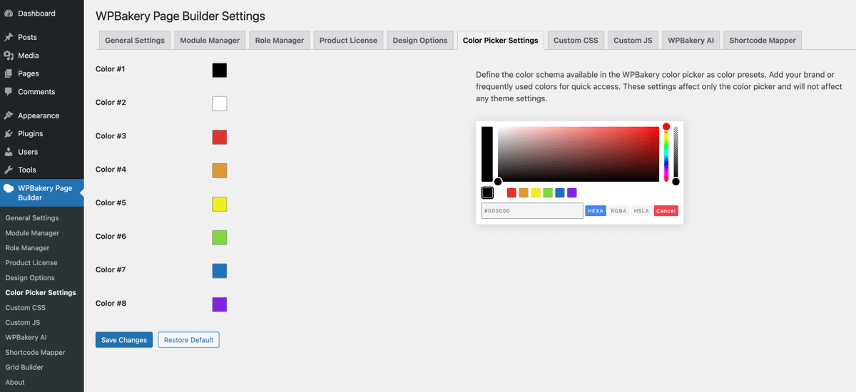 Color presets in the WPBakery Page Builder settings