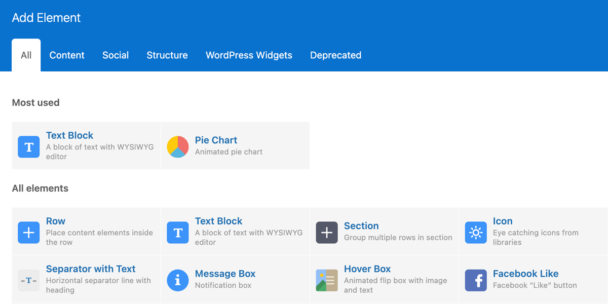 Most used elements in the WPBakery Page Builder Add Element widow 