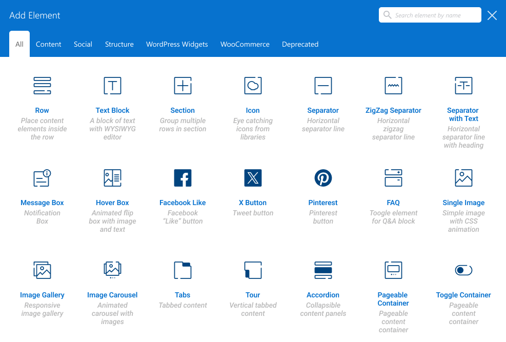 WPBakery add element window and element icons