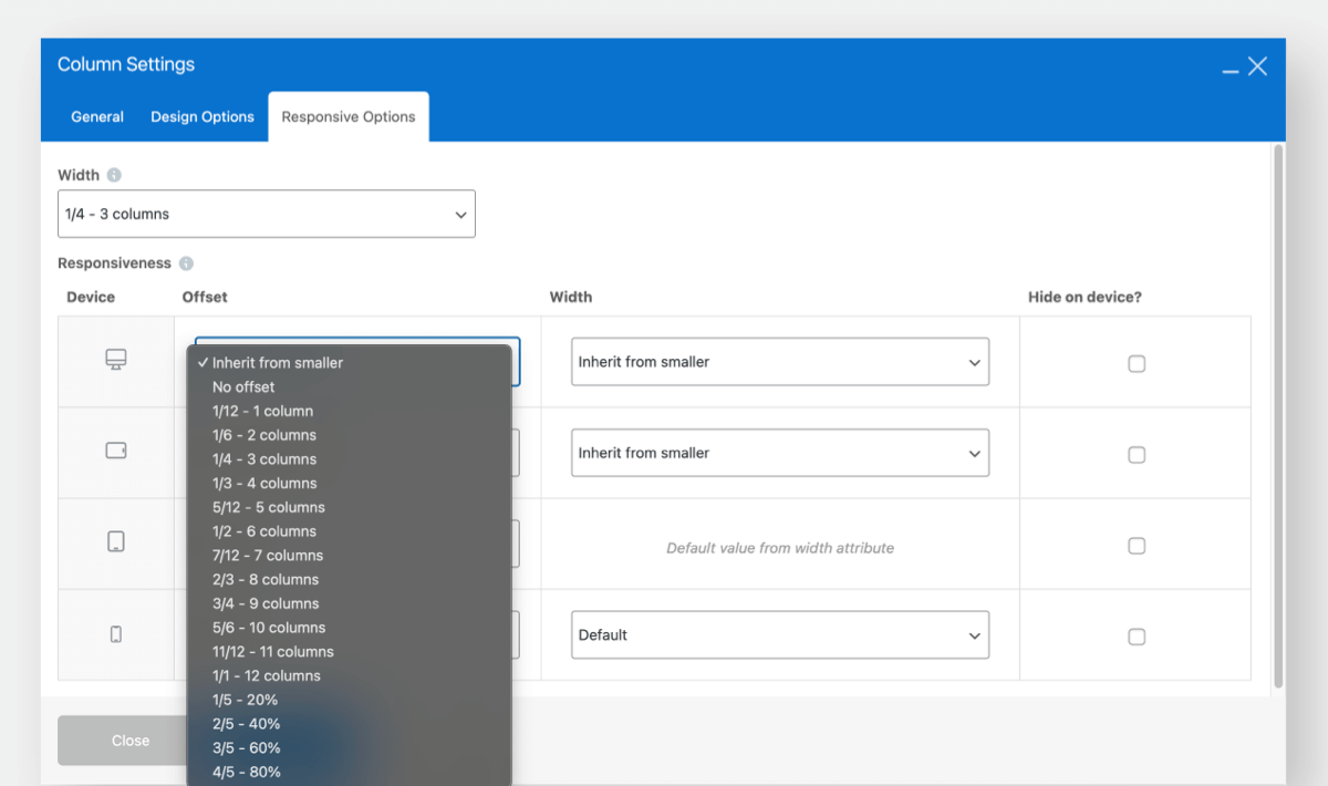 Responsiveness settings in WPBakery Page Builder