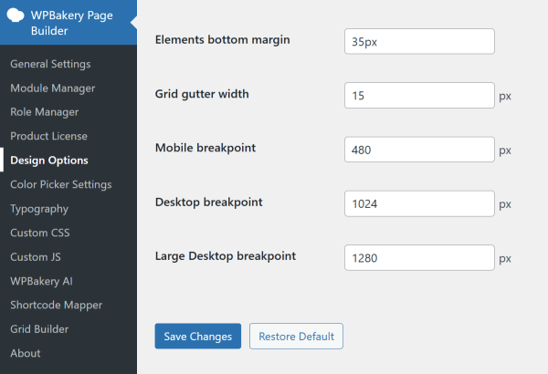 Settings device breakpoints in WPBakery Design Options