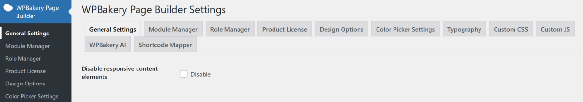 Disable responsive content elements in WPBakery General Settings