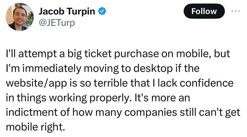 Tweet by Jacob Turpin on why responsive design matters