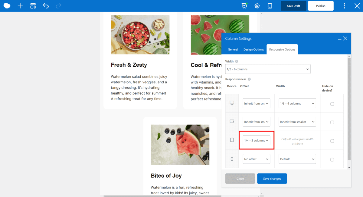 Using offset to adjust column placement on different devices in WPBakery 