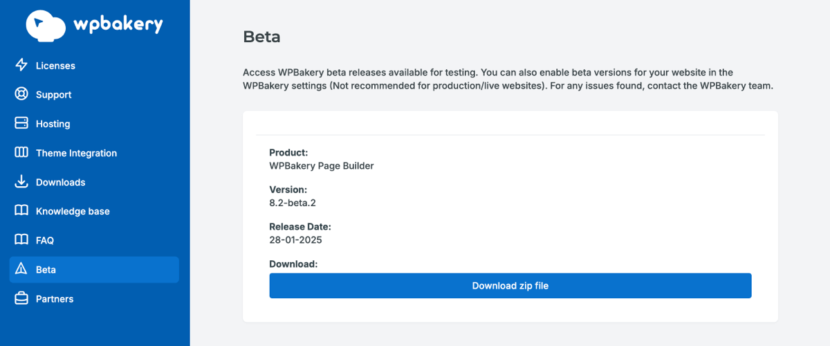 Download WPBakery beta versions from the Customer Center