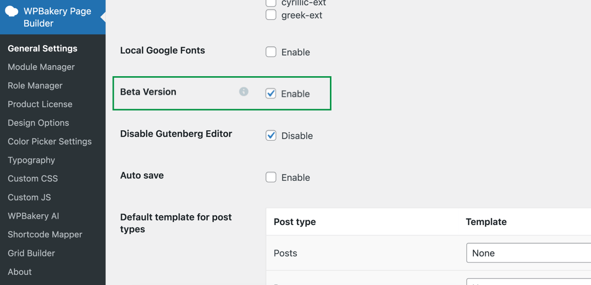 Enable beta version in WPBakery Page Builder settings