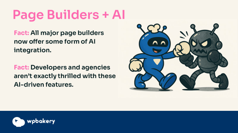 Infographic discussing AI in page builders: All major builders now include AI features, but developers and agencies are not enthusiastic about them. Includes a cartoon robot cheerfully fist-bumping an annoyed-looking robot.