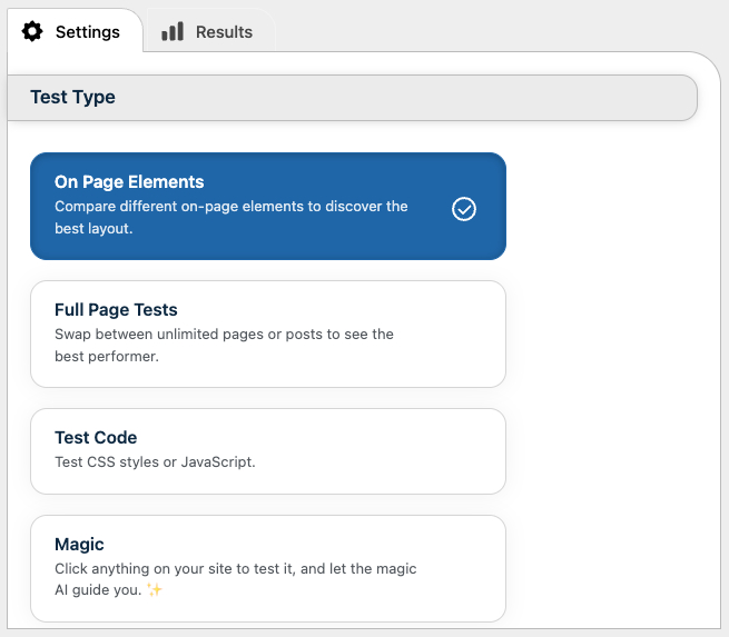 Screenshot of the AB Testing plugin - the create a test screen