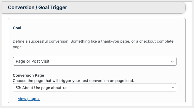 Screenshot of the AB Testing plugin - the test goal option