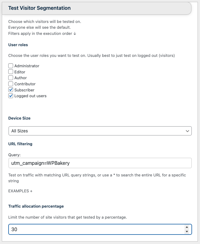 Screenshot of the AB Testing plugin - the test visitor segmentation option
