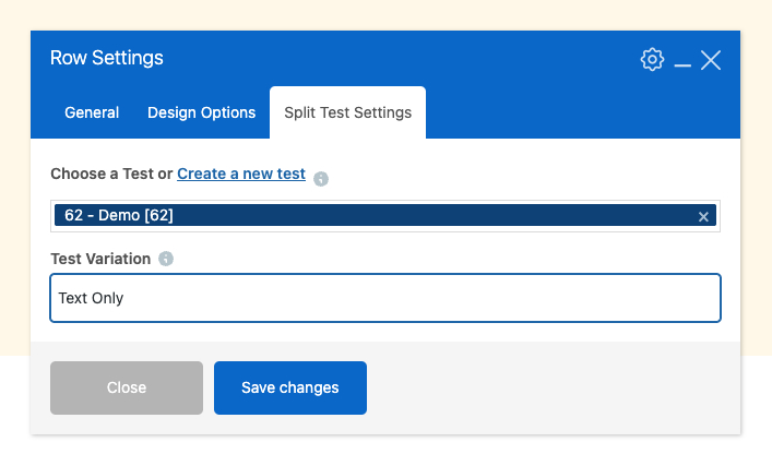 Screenshot of the AB Testing plugin - the WPBakery Row Settins window