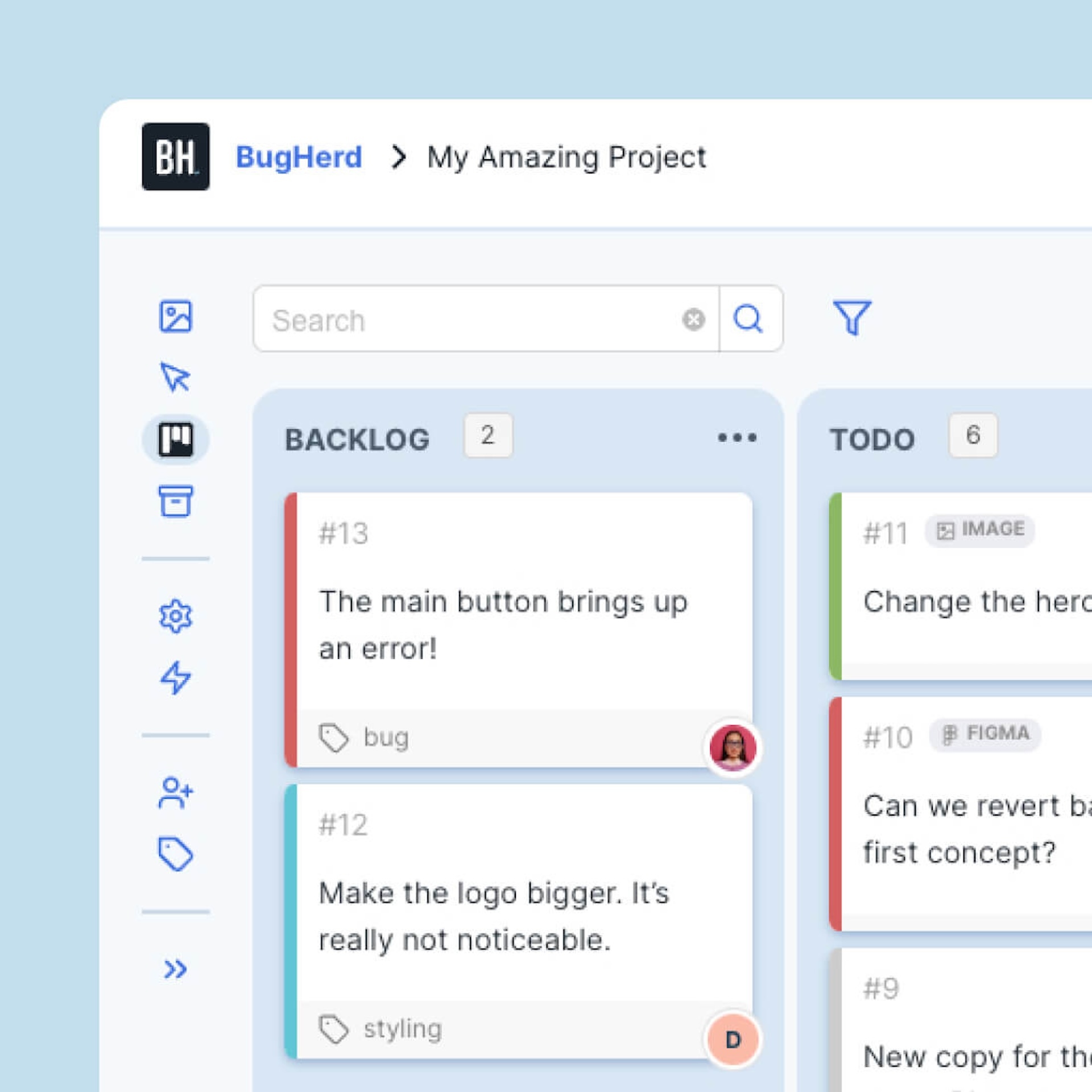 Screenshot of the Kanban view of tasks in BugHerd.