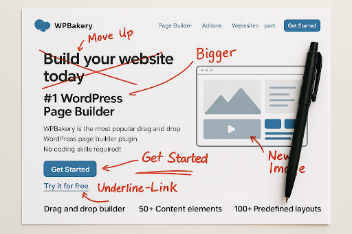 A printed out copy of the WPBakery homepage that has been marked and annotated.