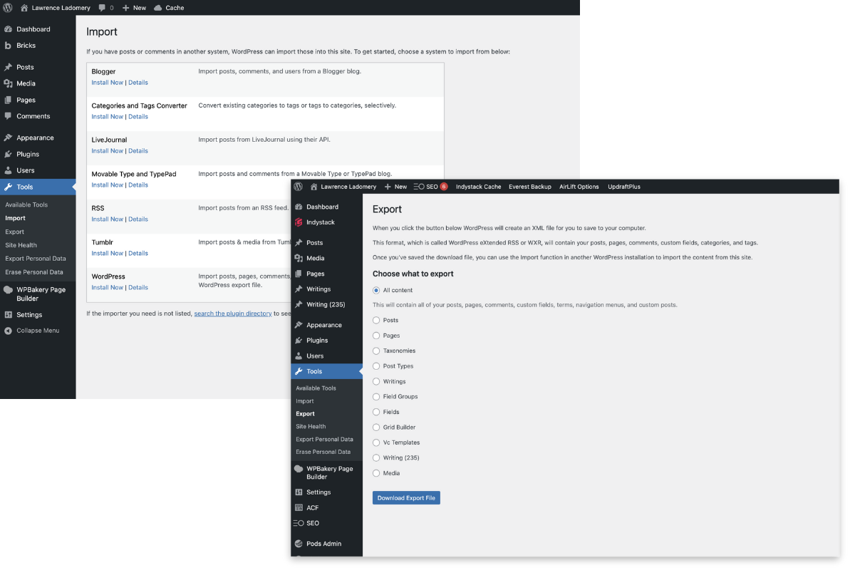 Screenshots of the WordPress native import and export tools