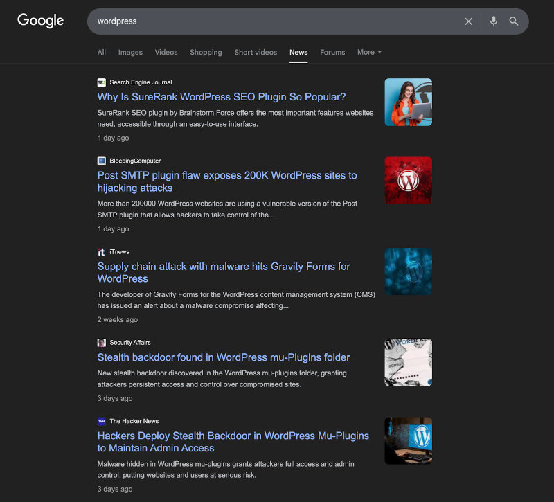 Screenshot of a Google News search result for 'WordPress' showing mostly articles covering security issues.