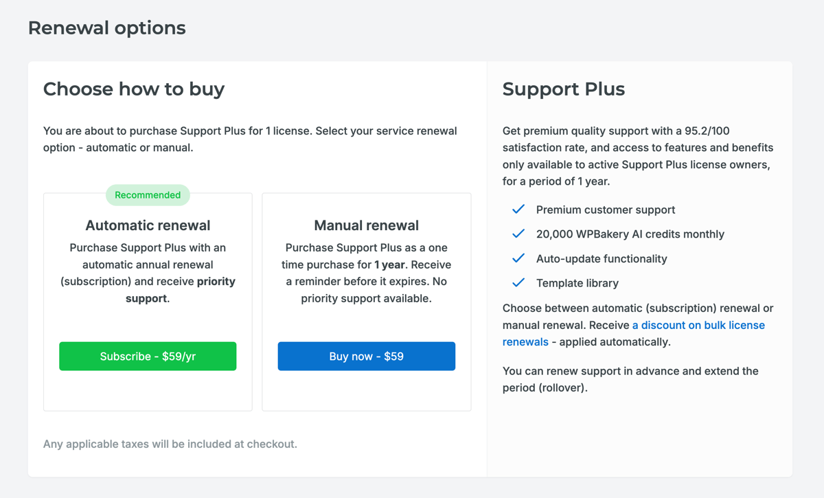 WPBakery Support Plus renewal options 