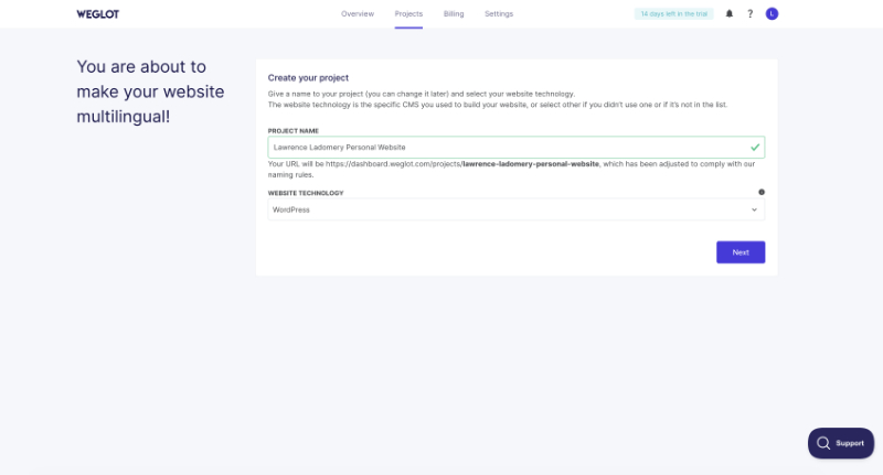 Screenshot of the project set up screen in Weglot