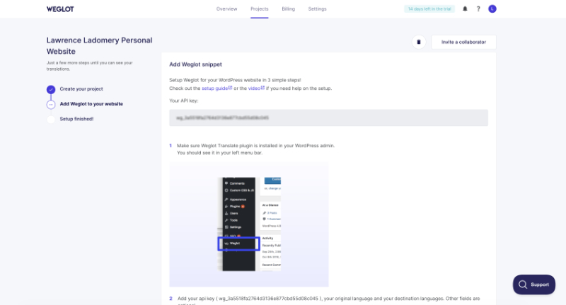 Screenshot of the set up screen in Weglot