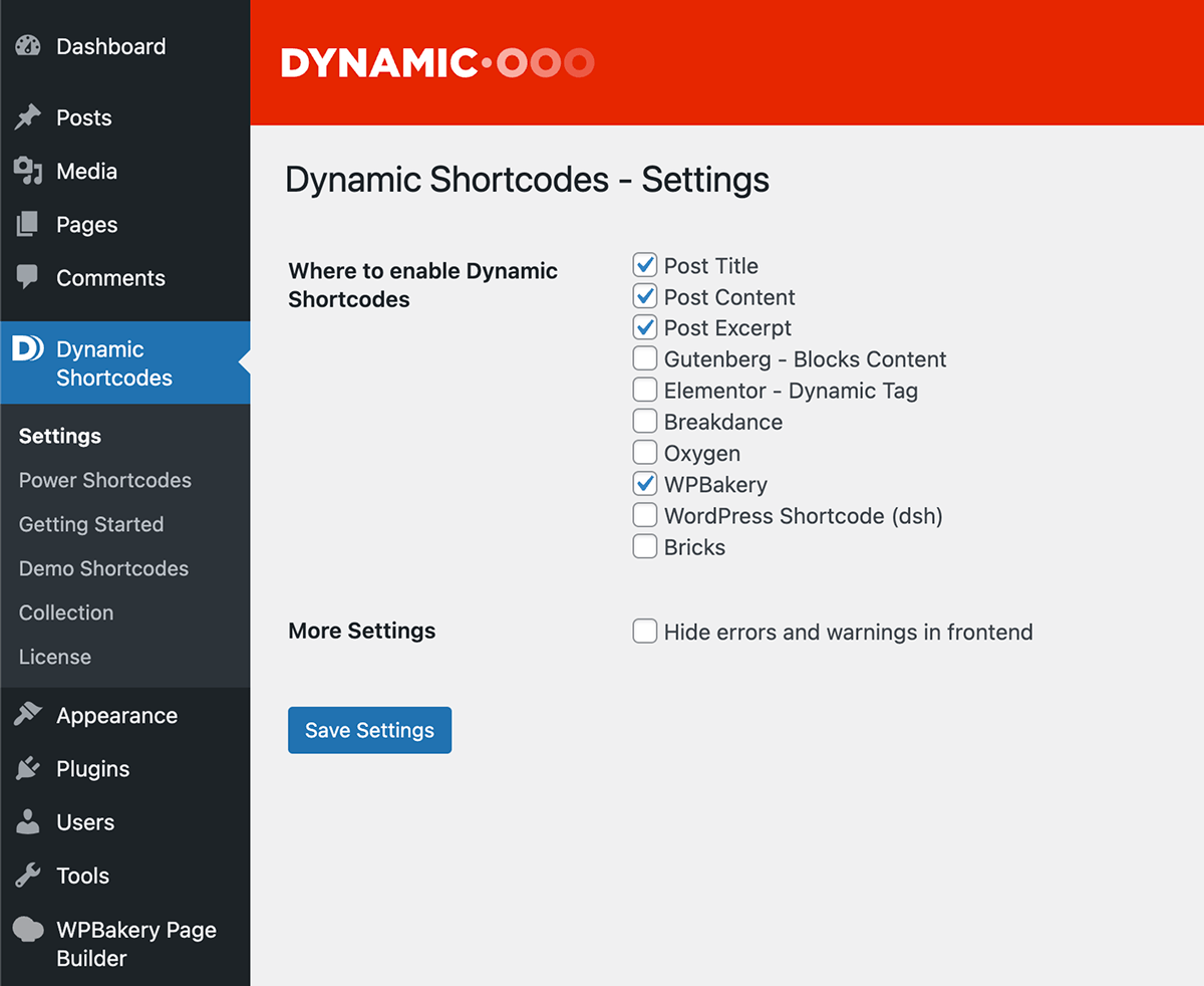 Enabling WPBakery in Dynamic Shortcodes settings 