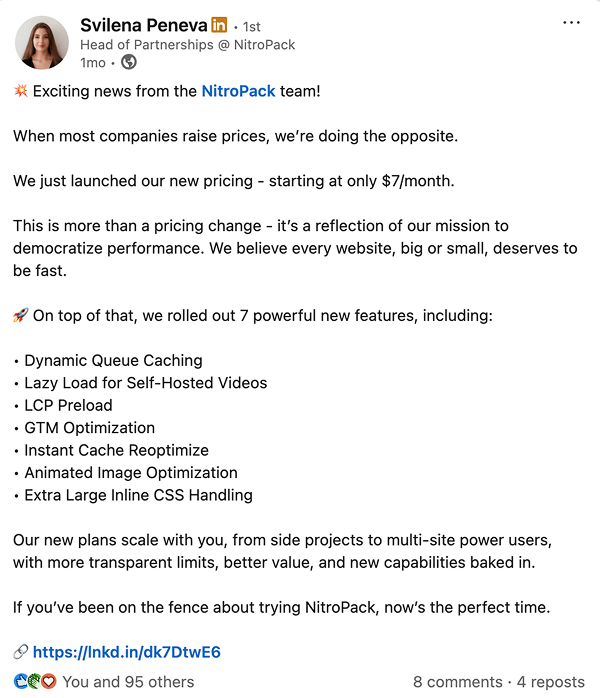 NitroPack price drop announcement on LinkedIn by Svilena Peneva