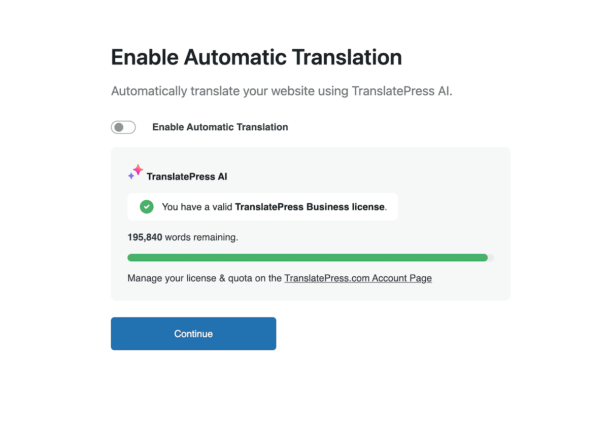 The TranslatePress setup wizard showing automatic translation options.
