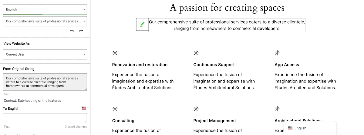 The TranslatePress visual editor showing a page with the translation sidebar open.