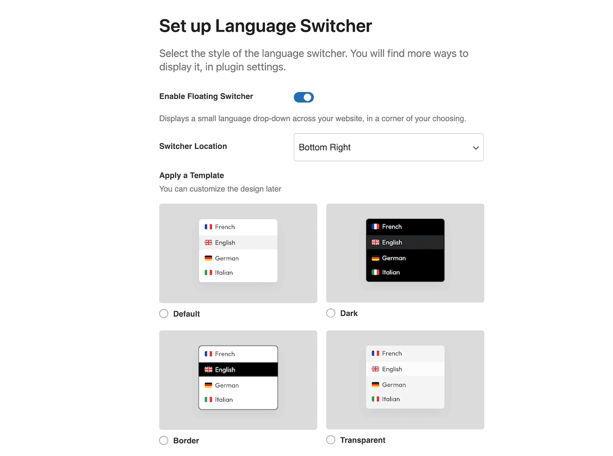 The language switcher options within the TranslatePress setup wizard.