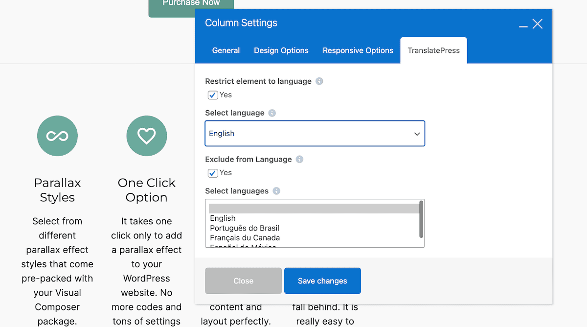 The Column Settings options within WPBakery.