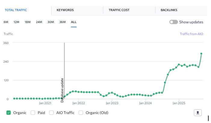 Graph showing increase in traffic to Italian-language pages on Kinsta's website.