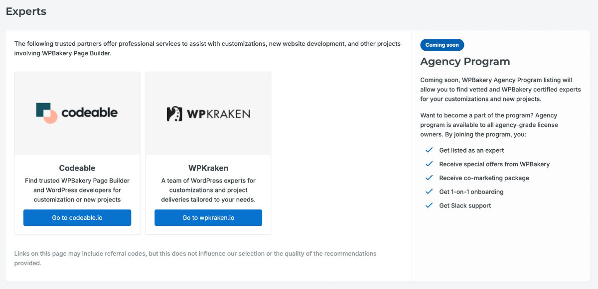 Screenshot of the WPBakery Experts page