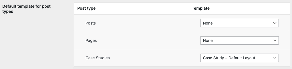 WPBakery asettings to assign a Templatera template to a post type