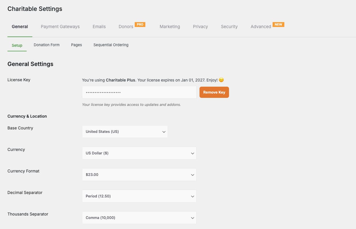 Chartiable settings page Chartiable settings page