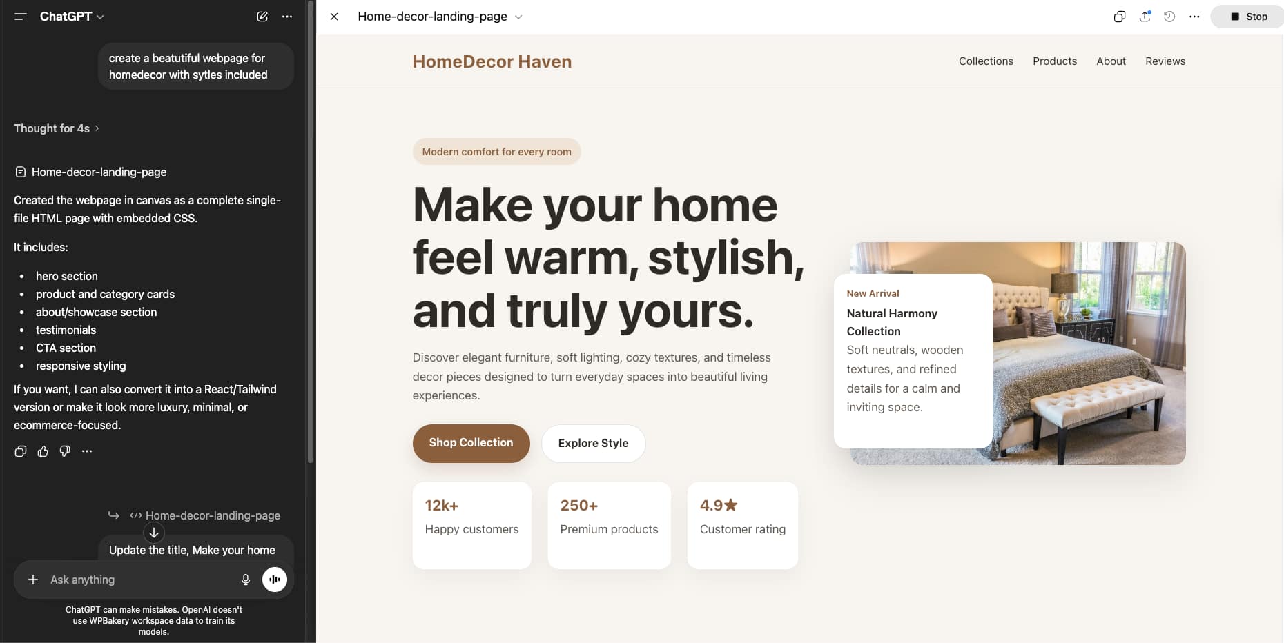 Ai generated HTML from single prompt