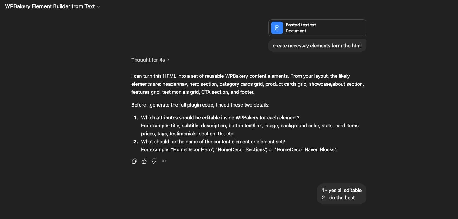 Step 2- convert HTML to WPBakery Elements using GPT