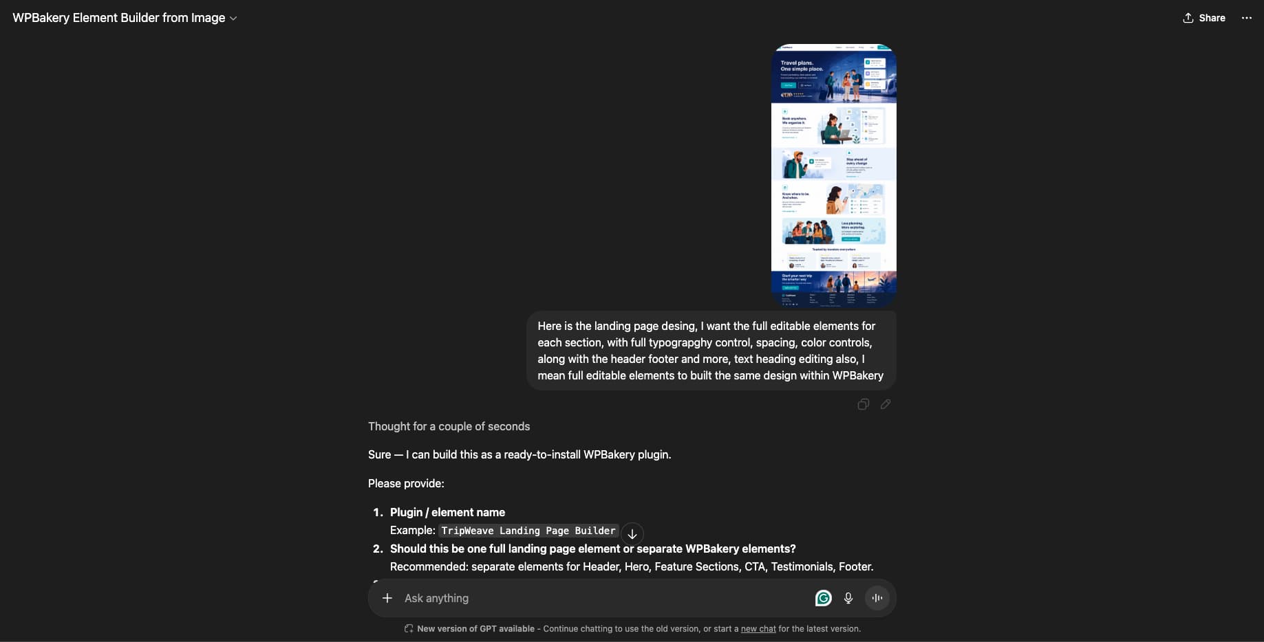 Step 2 - converting the travel design image to WPBakery elements with WPBakery Image GPT