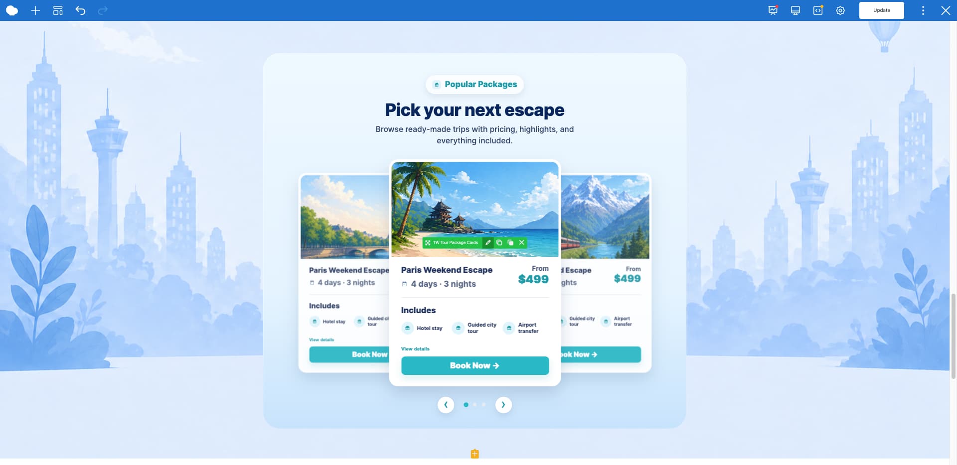 icon controls and a tilt animation in pricing card