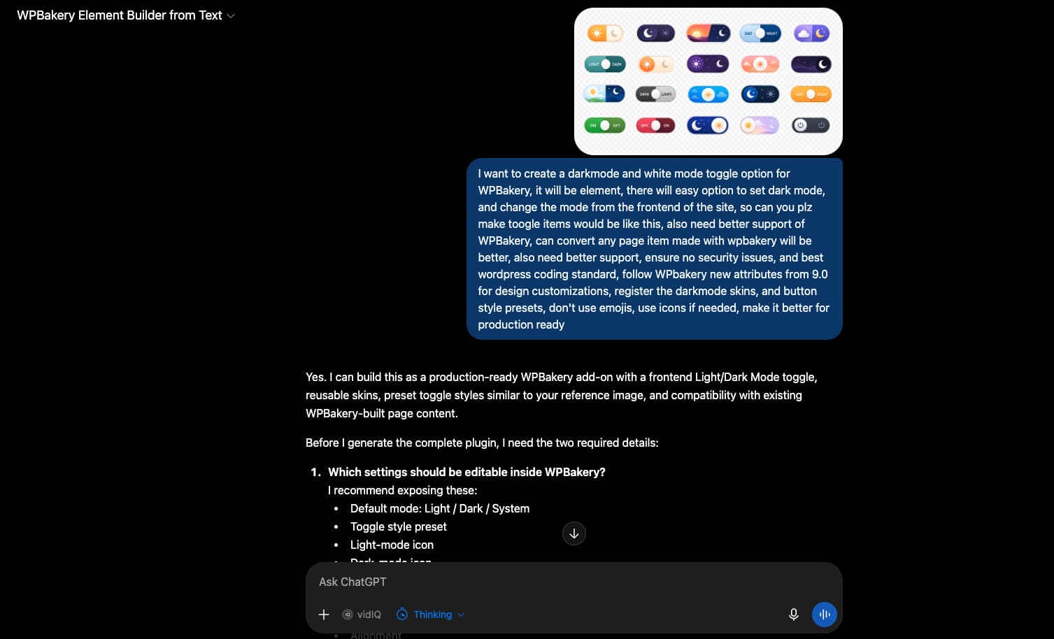 Describe the dark mode toggle element in the WPBakery Element Builder GPT