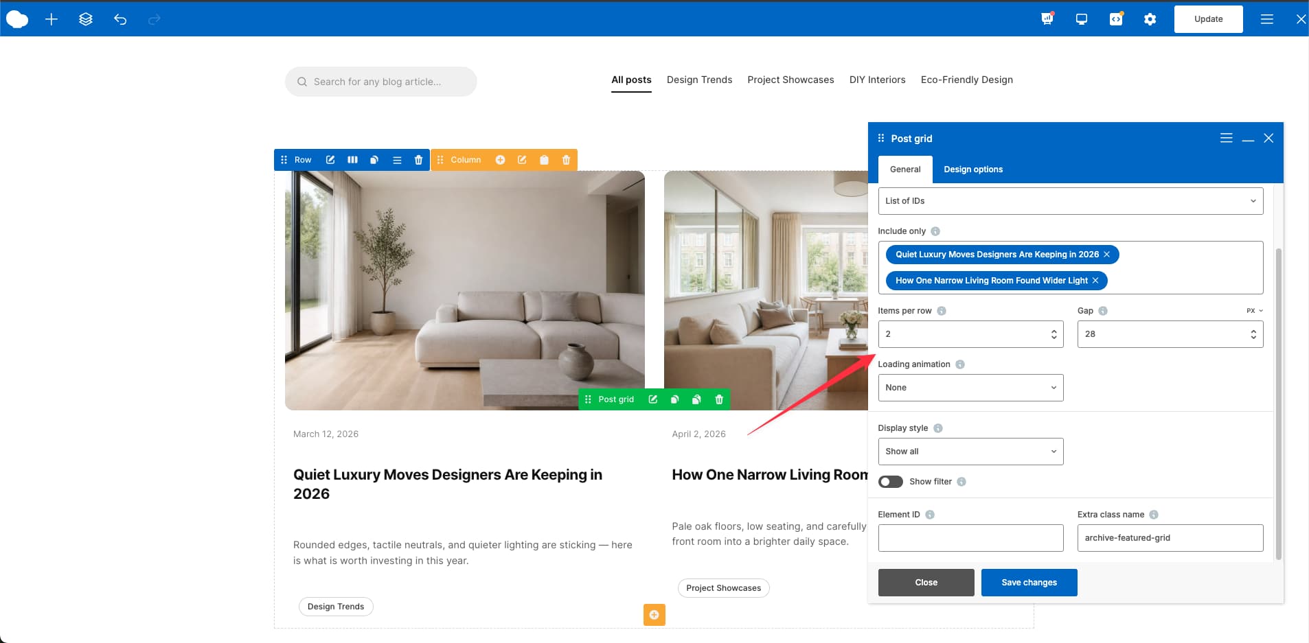 Select the saved post archive grid template and show two posts WPBakery