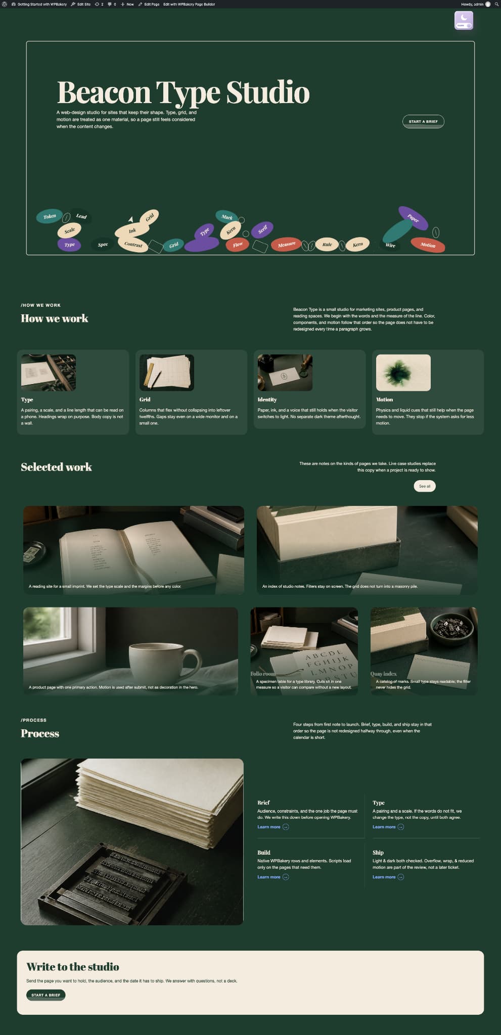 wpbakery wordpress dark mode toggle landing page
